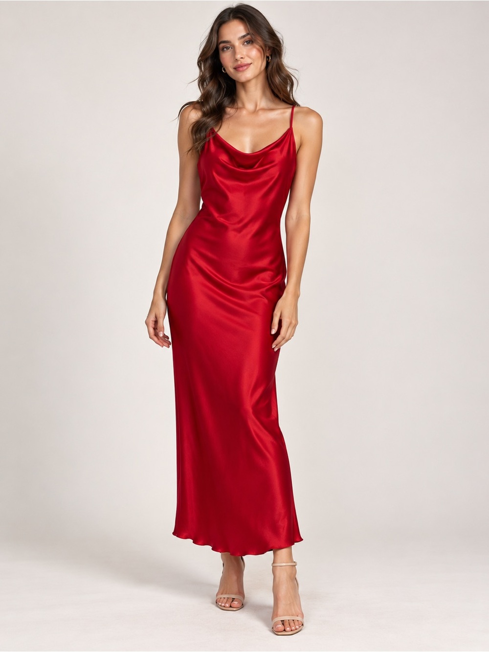 bebe Red Satin Cowl-Neck Slip Dress